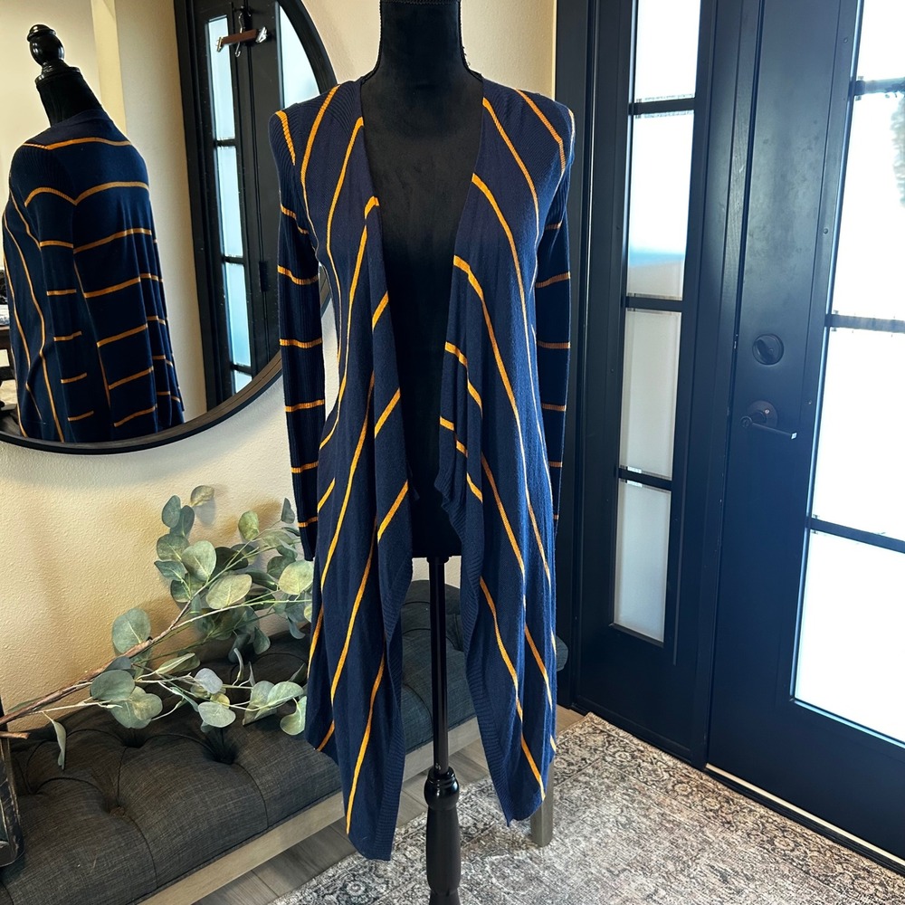 Pink Rose Navy Blue Mustard Yellow Striped Draped Open Front Cardigan Small